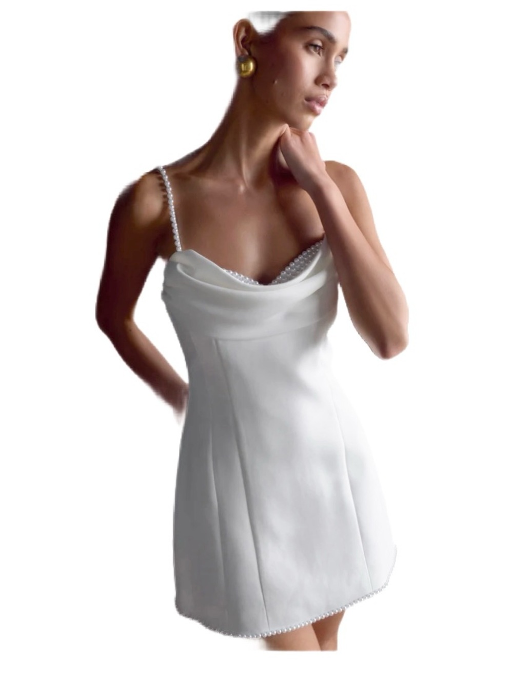 Meshki White Mini Dress with Pearl Trim